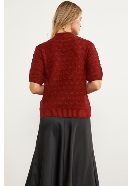 Fiyonk Desenli Kısa Kol Triko Süveter - Kırmızı indirimleri