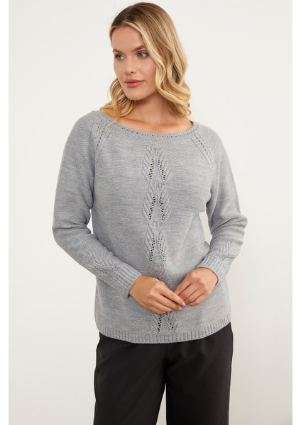 Kayık Yaka Motif Detaylı Triko Kazak - Gri modelleri