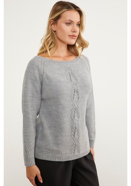 Kayık Yaka Motif Detaylı Triko Kazak - Gri fırsatları