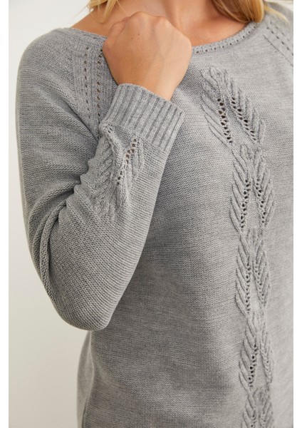 Kayık Yaka Motif Detaylı Triko Kazak - Gri indirimleri