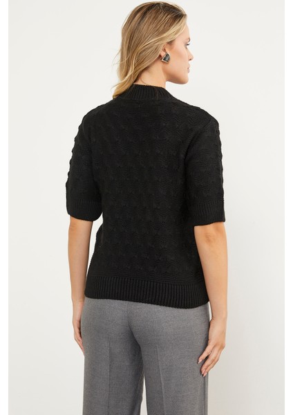 Fiyonk Desenli Kısa Kol Triko Süveter - Siyah indirimleri