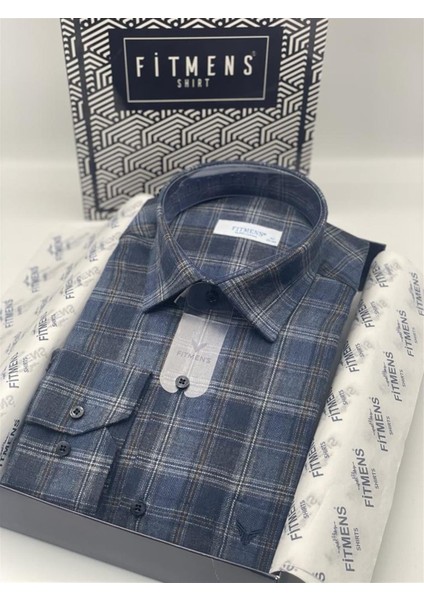 Klasik Uzun Kol Kışlık Ekoseli Oduncu Yaka Altı Düğmeli Pamuklu Hediye Kutulu Erkek Gömlek A8147 - Mavi