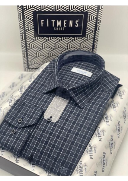 Klasik Uzun Kol Kışlık Ekoseli Oduncu Yaka Altı Düğmeli Pamuklu Hediye Kutulu Erkek Gömlek M1030 - Lacivert