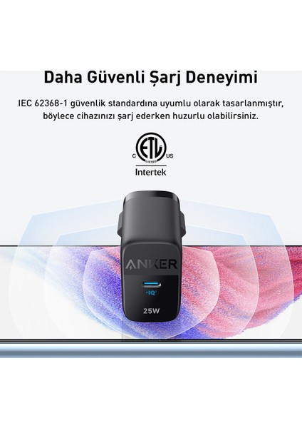 312 Samsung PPS Destekli 25W USB-C Şarj Cihazı - iPhone / Android ile Uyumlu Type-C Hızlı Şarj Adaptörü - A2642 - Siyah (Anker Türkiye Garantili)