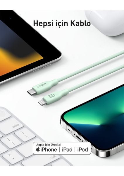 541 USB-C to Lightning 1.8m Şarj/Data Kablosu - Doğa Dostu MFI Lisanslı - 30W Şarj Destekli - A80A2 - Beyaz (Anker Türkiye