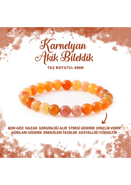 Sertifikalı Karnelyan Akik 8mm Doğal Taş Bileklik