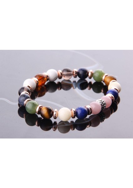 Sertifikalı Öğrenci Bilekliği-Kehribar-Yeşim-Lapis-Kalsit-Dumanlı Kuvars-Havlit-Hematit-8 mm B178