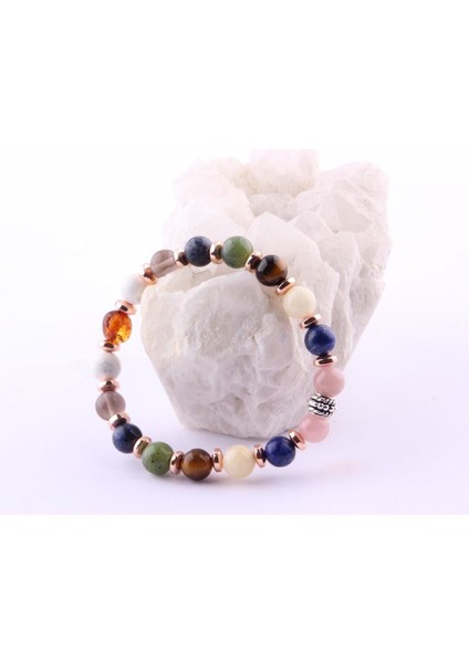 Sertifikalı Öğrenci Bilekliği-Kehribar-Yeşim-Lapis-Kalsit-Dumanlı Kuvars-Havlit-Hematit-8 mm B178 indirimleri