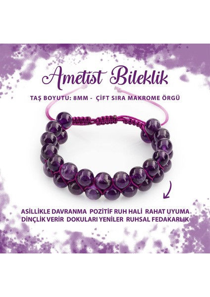 Sertifikalı Ametist 8mm Çift Sıra Makrome Doğal Taş Bileklik