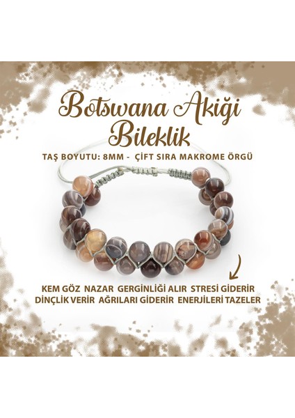 Sertifikalı Botswana Akiği 8mm Çift Sıra Makrome Doğal Taş Bileklik