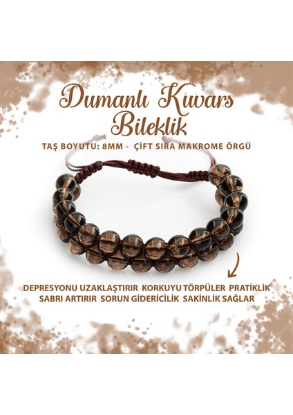 Sertifikalı Dumanlı Kuvars 8mm Çift Sıra Makrome Doğal Taş Bileklik