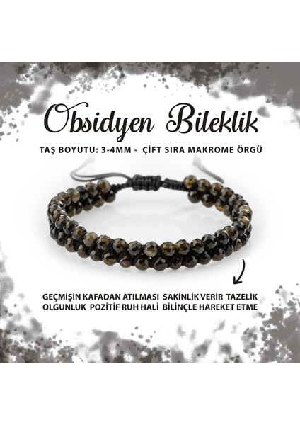 Sertifikalı Obsidyen 3-4mm Çift Sıra Doğal Taş Bileklik