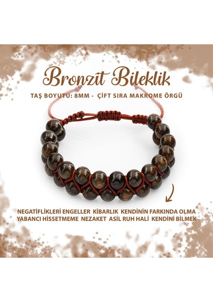 Sertifikalı Bronzit 8mm Çift Sıra Makrome Doğal Taş Bileklik