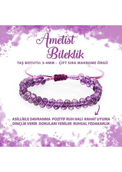 Sertifikalı Ametist 3-4mm Çift Sıra Doğal Taş Bileklik