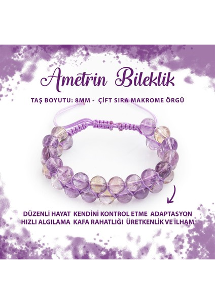 Sertifikalı Ametrin 8mm Çift Sıra Makrome Doğal Taş Bileklik