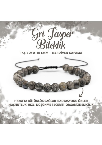 Sertifikalı Gri Jasper 6mm Merdiven Kapama Doğal Taş Bileklik
