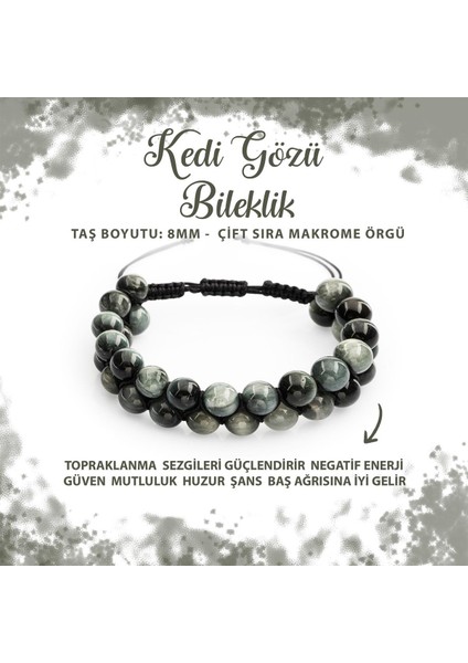 Sertifikalı Kedi Gözü 8mm Çift Sıra Makrome Doğal Taş Bileklik
