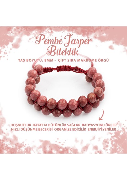 Sertifikalı Pembe Jasper 8mm Çift Sıra Makrome Doğal Taş Bileklik