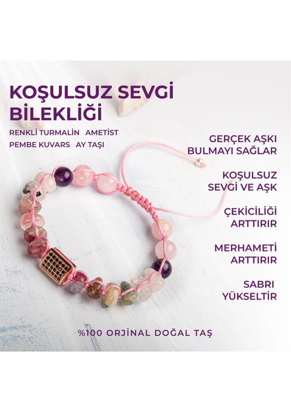 Sertifikalı Koşulsuz Sevgi Bilekliği Turmalin Pembe Kuvars Ametist Doğal Taşlı