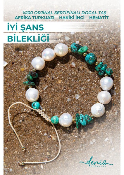 Sertifikalı Doğal Taşlı Iyi Şans Bilekliği, Afrika Turkuazı, Inci, Hematit