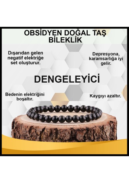 Sertifikalı Obsidyen Orjinal ( Taşlar) Doğaltaş Bileklik 6 mm - B839