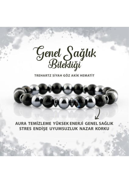 Sertifikalı Genel Sağlık Doğal Taş Bileklik Trehartz Göz Akik Hematit 8mm B0011