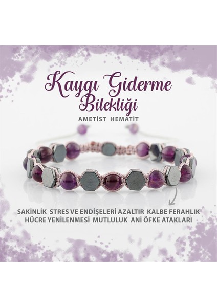 Sertifikalı Kaygı Giderme Doğal Taş Bileklik Ametist Hematit 6mm B0014