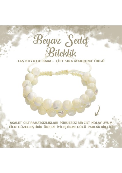 Sertifikalı Beyaz Sedef 8mm Çift Sıra Makrome Doğal Taş Bileklik