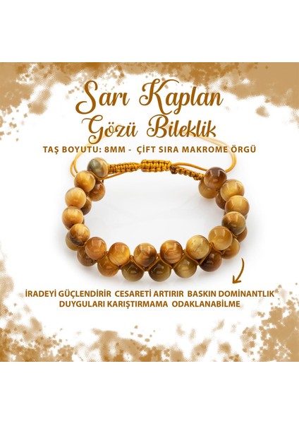 Sertifikalı Sarı Kaplan Gözü 8mm Çift Sıra Makrome Doğal Taş Bileklik