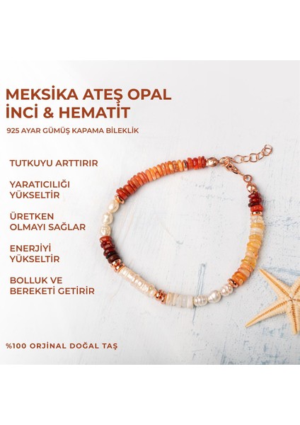 Sertifikalı Meksika Ateş Opal & Inci Doğal Taşlı Gümüş Bileklik