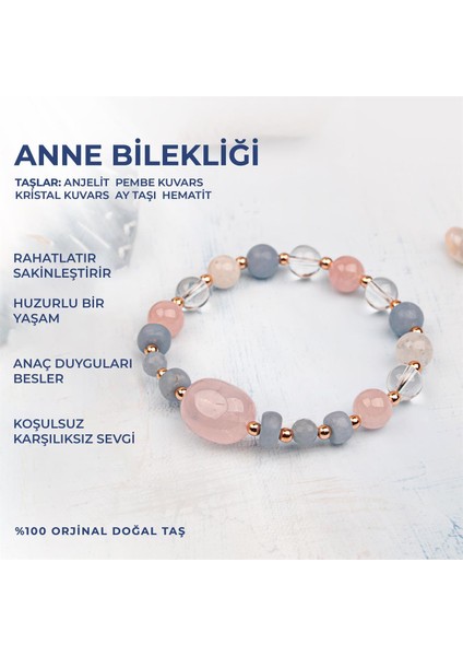Doğal Taşlı Anne Bilekliği Anjelit, Pembe Kuvars, Kristal Kuvars, Ay Taşı, Anneler Günü Hediyesi