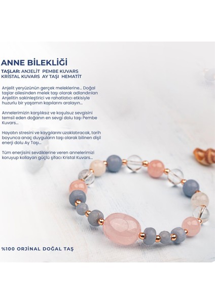 Doğal Taşlı Anne Bilekliği Anjelit, Pembe Kuvars, Kristal Kuvars, Ay Taşı, Anneler Günü Hediyesi fiyatları