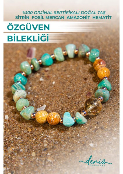 Sertifikalı Doğal Taşlı Özgüven Bilekliği, Sitrin, Amazonit, Fosil Mercan