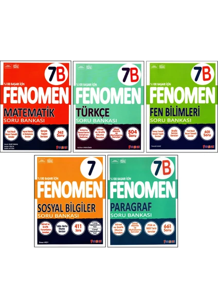 Fenomen  Fenomen 7. Sınıf Matematik(B) + Türkçe(B) + Fen(B) + Sosyal + Paragraf(B) Soru Bankası 5 Kitap