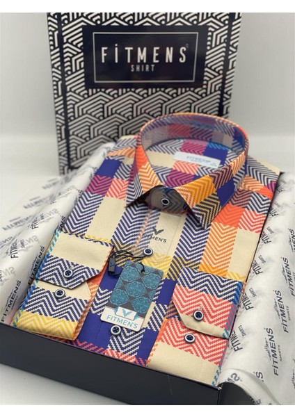 Slim Fit Uzun Kol Dijital Baskılı Renkli Gömlek D.12 - Sarı
