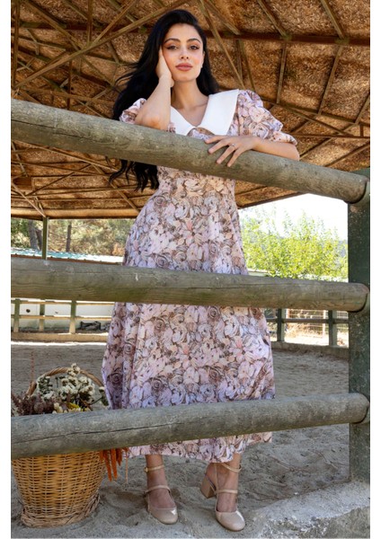 Yakalı Kahverengi Pastel Çiçekli Balon Kol Kloş Elbise