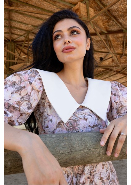 Yakalı Kahverengi Pastel Çiçekli Balon Kol Kloş Elbise modelleri