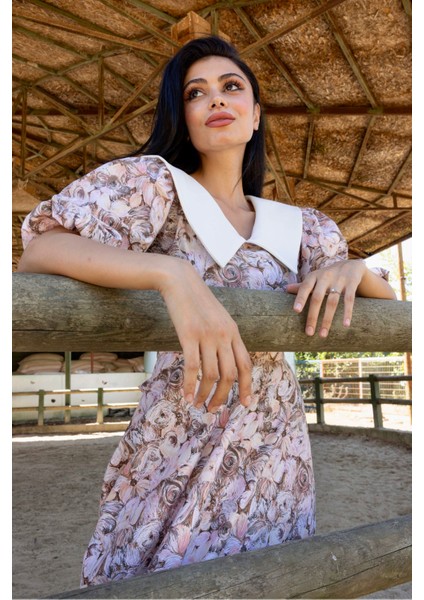 Yakalı Kahverengi Pastel Çiçekli Balon Kol Kloş Elbise fırsatları