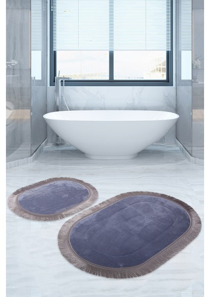 Pera Gri 2'li Banyo Paspası Halısı Seti Kaymaz Deri Tabanlı Saçaklı Püsküllü Klozet Takımı
