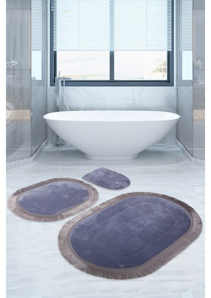 Pera Gri 3'lü Banyo Paspası Halısı Seti Kaymaz Deri Tabanlı Saçaklı Püsküllü Klozet Takımı