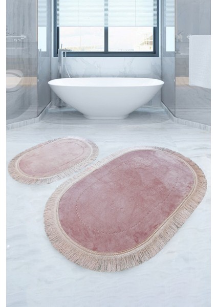 Pera Pudra 2'li Banyo Paspası Halısı Seti Kaymaz Deri Tabanlı Saçaklı Püsküllü Klozet Takımı
