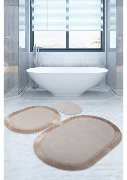 Pera Krem 3'lü Banyo Paspası Halısı Seti Kaymaz Deri Tabanlı Saçaklı Püsküllü Klozet Takımı