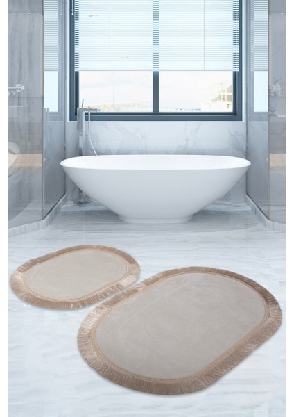 Pera Krem2'li Banyo Paspası Halısı Seti Kaymaz Deri Tabanlı Saçaklı Püsküllü Klozet Takımı