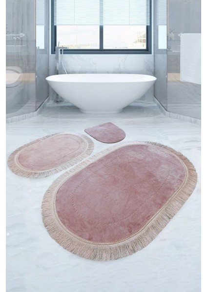Pera Pudra 3'lü Banyo Paspası Halısı Seti Kaymaz Deri Tabanlı Saçaklı Püsküllü Klozet Takımı
