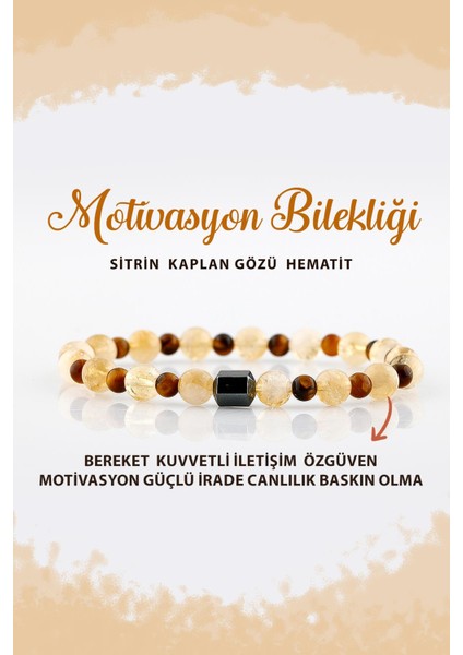 Sertifikalı Motivasyon 6mm Doğal Taş Bileklik Kaplan Gözü Sitrin Hematit B003