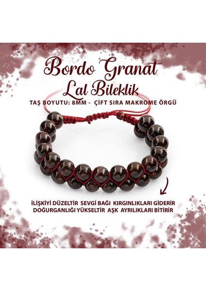 Sertifikalı Bordo Granat Lal 8mm Çift Sıra Makrome Doğal Taş Bileklik