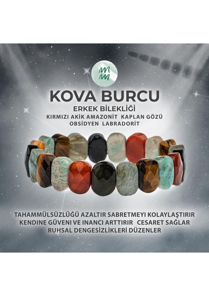 Sertifikalı Kova Burcu Doğal Taş Geniş Kesim Erkek Bileklik