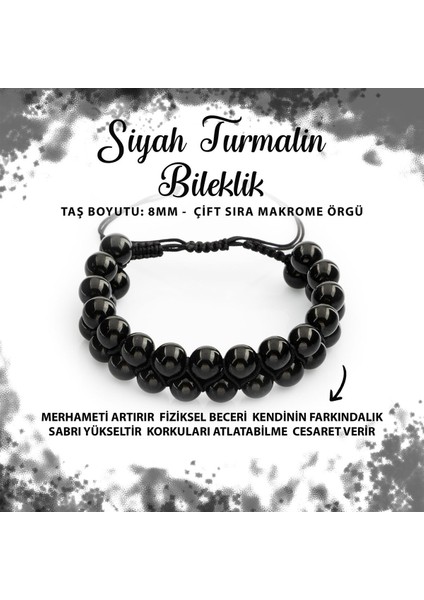 Sertifikalı Siyah Turmalin 8mm Çift Sıra Makrome Doğal Taş Bileklik