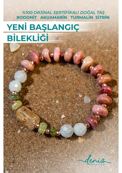 Sertifikalı Doğal Taşlı Yeni Başlangıç Bilekliği, Rodonit, Turmalin, Sitrin, Akuamarin, Hematit