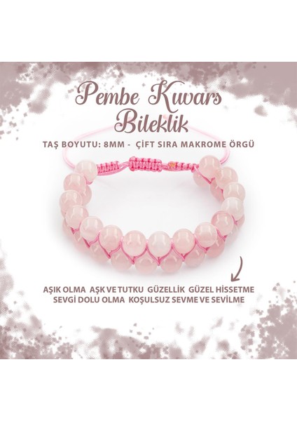 Sertifikalı Pembe Kuvars (Gül Kuvars) 8mm Çift Sıra Makrome Doğal Taş Bileklik